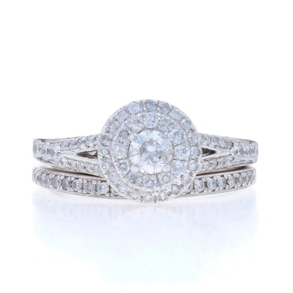 White Gold Diamond Double Halo Engagement Ring & Wedding Band - 14k Rd 1.00ctw
